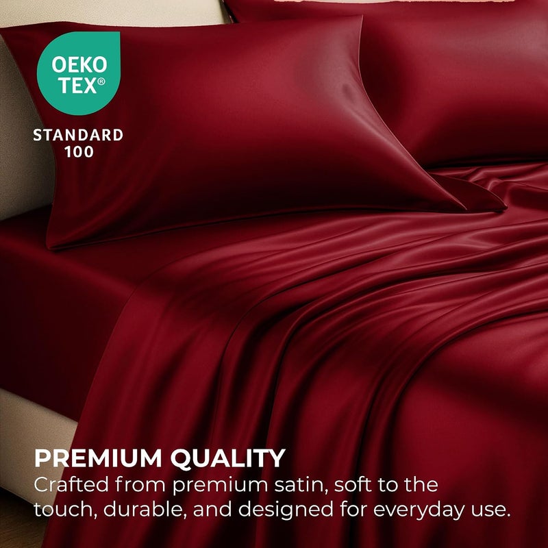 Pure Bedding Satin Sheets Full [4-Piece, Burgundy] Hotel Luxury Silky Bed Sheets - Extra Soft 1800 Microfiber Sheet Set, Wrinkle, Fade, Stain Resistant - Deep Pocket Fitted Sheet, Flat Sheet, Pillow Cases - Image 5