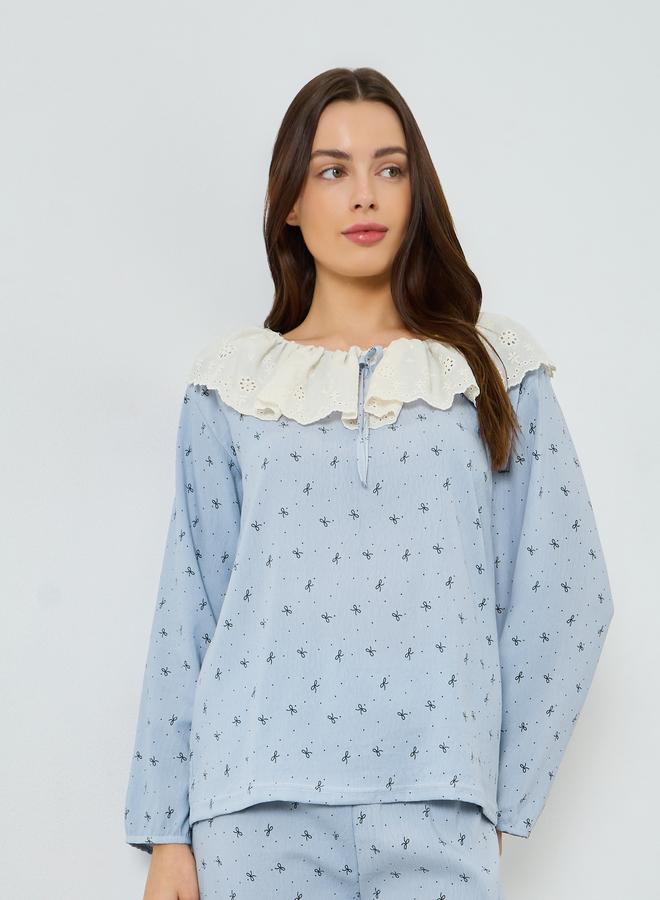 ستايلي مجموعة من بيجاما وبلوزة بطبعة زهور وياقة دانتيل - Image 2