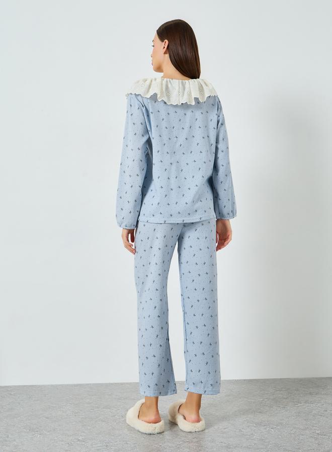 ستايلي مجموعة من بيجاما وبلوزة بطبعة زهور وياقة دانتيل - Image 5