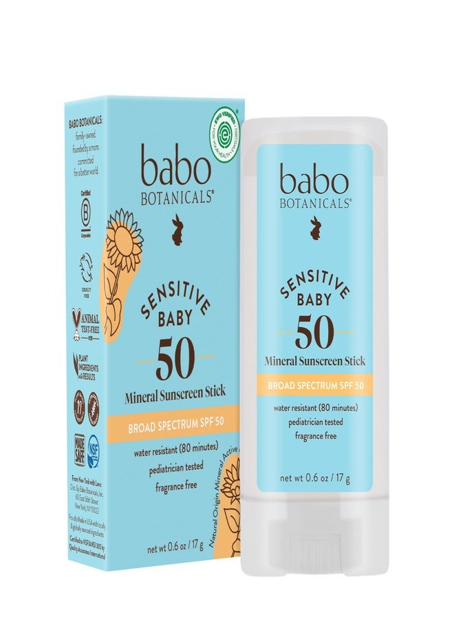 Babo Botanicals Sensitive Baby Mineral Sunscreen Stick SPF 50 - 70% Organic Ingredients - Zinc Oxide - NSF & MADE SAFE and EWG Certified - Water Resistant - Fragrance-Free - Babies & Kids - Image 1