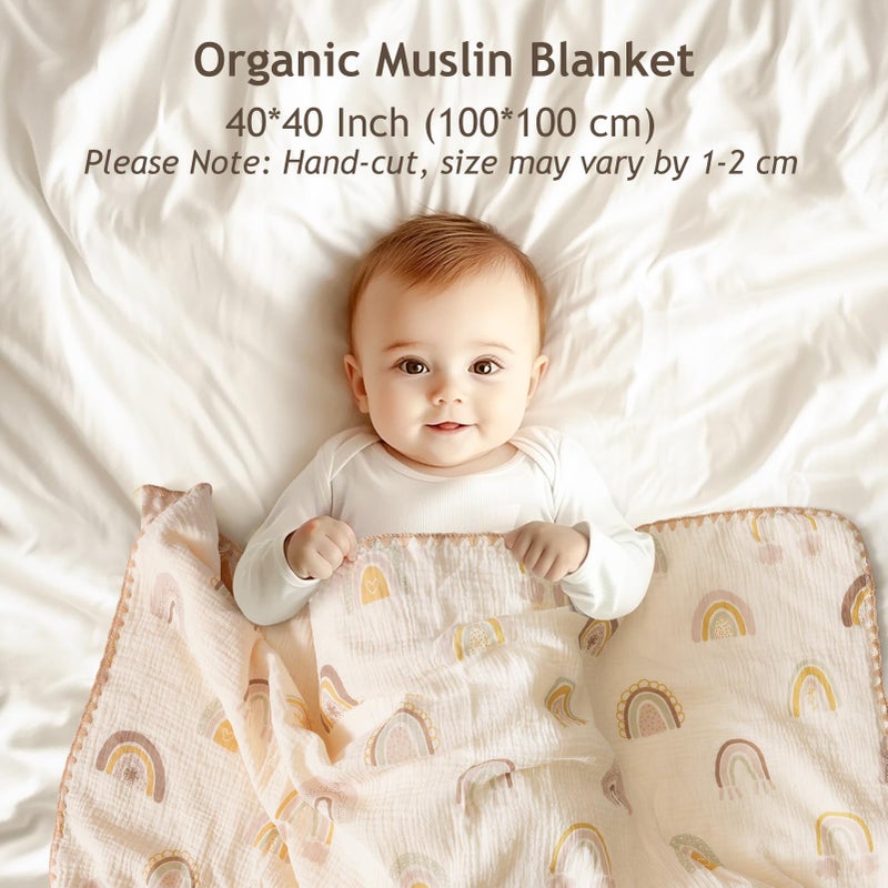 ROCCED Baby Blanket With Dotted Double Layers Muslin Soft Swaddle Blanket Cotton Neutral Receiving Blankets For Toddler Baby Quilt Throw Blanket Bed Throw Blanket For Newborn Unisex 40X40 Inch-Rainbow - Image 2