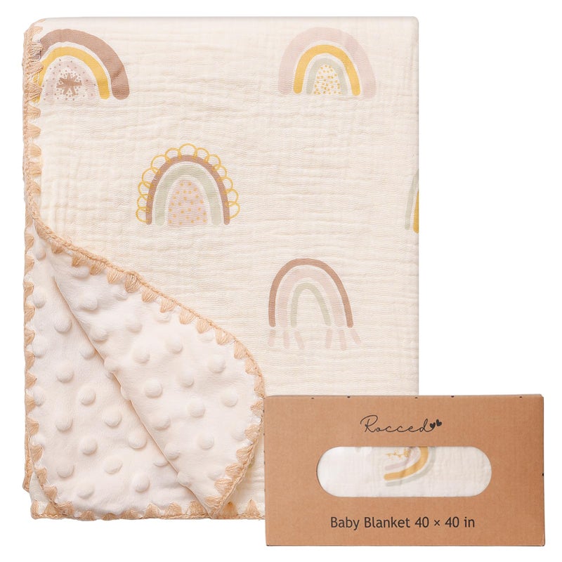 ROCCED Baby Blanket With Dotted Double Layers Muslin Soft Swaddle Blanket Cotton Neutral Receiving Blankets For Toddler Baby Quilt Throw Blanket Bed Throw Blanket For Newborn Unisex 40X40 Inch-Rainbow - Image 1