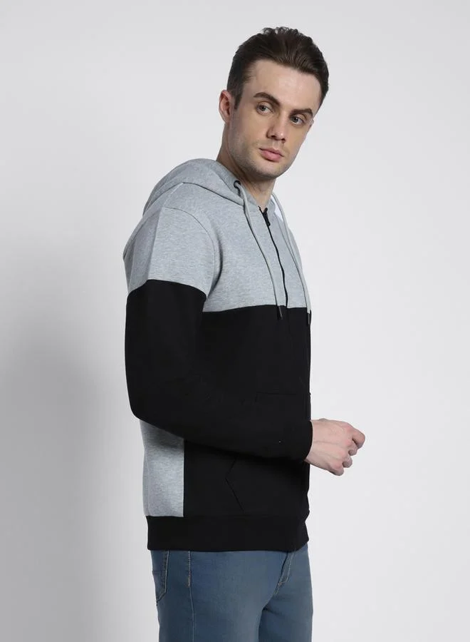 Dennis Lingo Regular Fit Light Grey Colourblocked Hooded Sweatshirt for Men - Polycotton, Full Sleeves