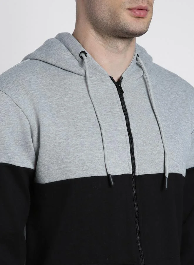 Dennis Lingo Regular Fit Light Grey Colourblocked Hooded Sweatshirt for Men - Polycotton, Full Sleeves