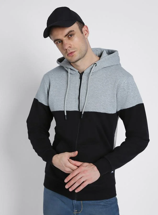 Dennis Lingo Regular Fit Light Grey Colourblocked Hooded Sweatshirt for Men - Polycotton, Full Sleeves