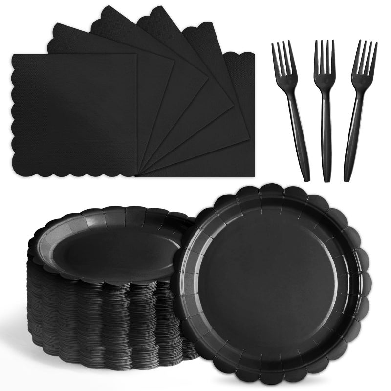 Tyzarglef 105PCS Paper Plates and Napkins Set,7 Inch Scalloped Disposable Tableware with Forks for Birthdays, Garden Parties & Outdoor Events,Serves 35 (Black) - Image 1