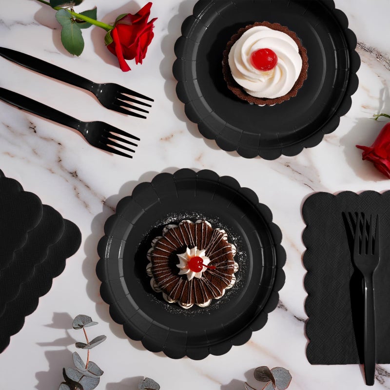 Tyzarglef 105PCS Paper Plates and Napkins Set,7 Inch Scalloped Disposable Tableware with Forks for Birthdays, Garden Parties & Outdoor Events,Serves 35 (Black) - Image 4