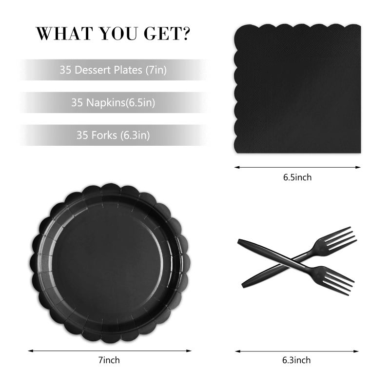 Tyzarglef 105PCS Paper Plates and Napkins Set,7 Inch Scalloped Disposable Tableware with Forks for Birthdays, Garden Parties & Outdoor Events,Serves 35 (Black) - Image 2