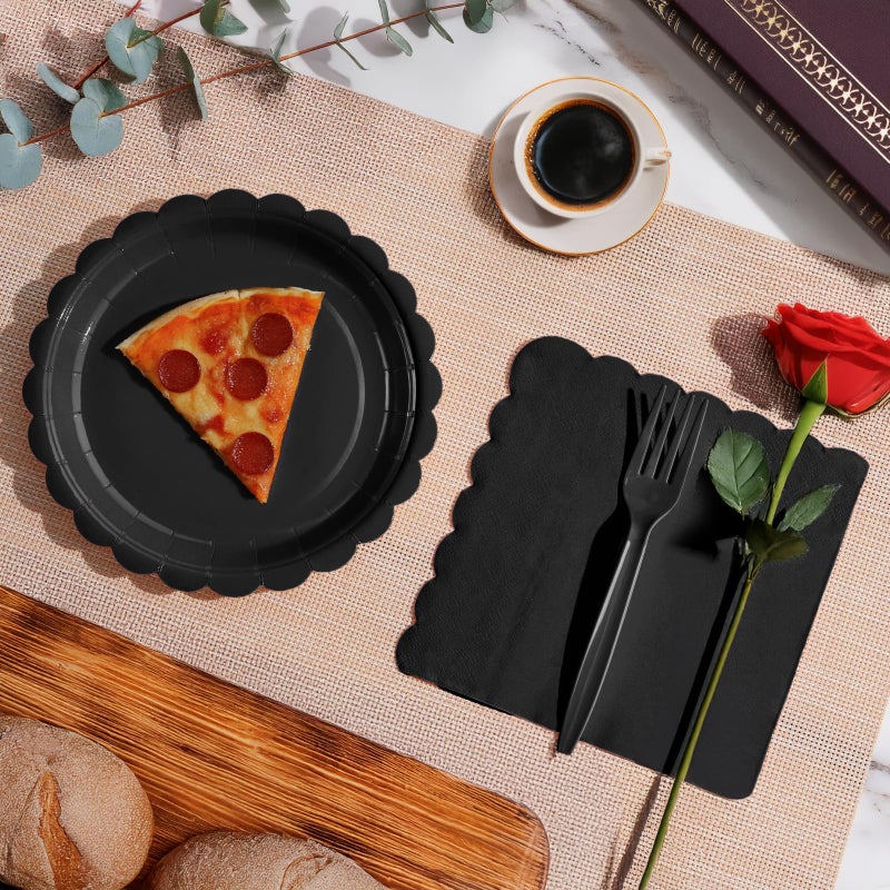 Tyzarglef 105PCS Paper Plates and Napkins Set,7 Inch Scalloped Disposable Tableware with Forks for Birthdays, Garden Parties & Outdoor Events,Serves 35 (Black) - Image 5
