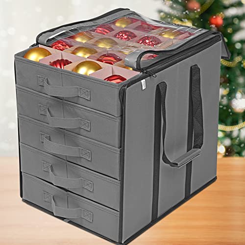 ProPik Christmas Ornament Storage Boxes with Dividers 5 Separate Trays Ornament Holder Keeps 100 Holiday Ornaments Durable Carrying Bag Handles Organizer Storage Box Gray - Image 3