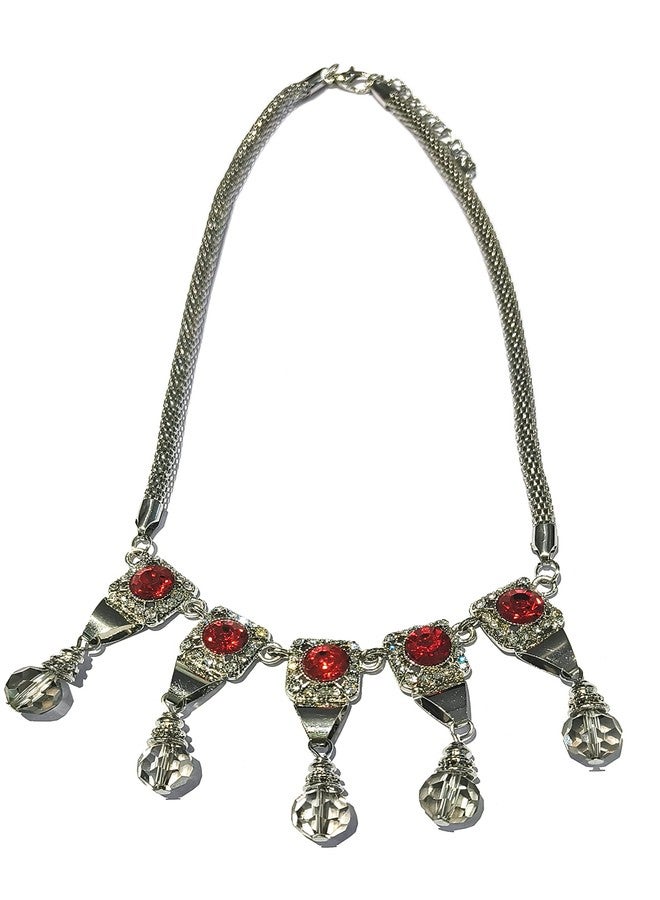 LA BELLEZA Rhodium Plated Big Red Crystal Rhinestone Studded Necklace Neckpiece Choker with Hanging Crystals for Girls and Women - Image 5