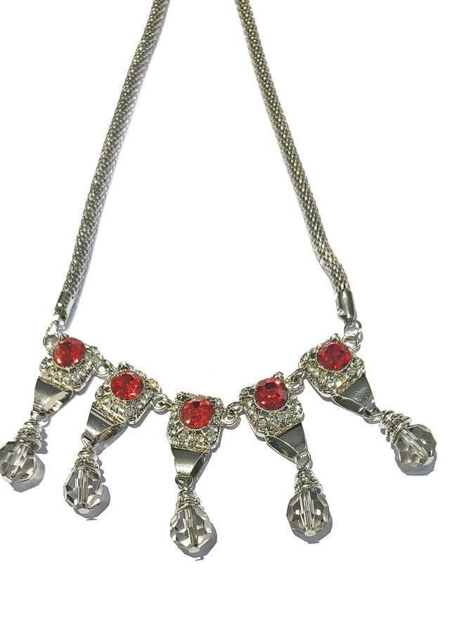 LA BELLEZA Rhodium Plated Big Red Crystal Rhinestone Studded Necklace Neckpiece Choker with Hanging Crystals for Girls and Women - Image 1