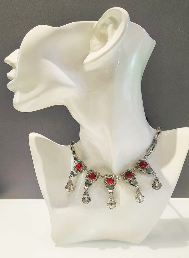 LA BELLEZA Rhodium Plated Big Red Crystal Rhinestone Studded Necklace Neckpiece Choker with Hanging Crystals for Girls and Women - Image 2