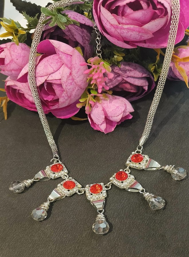 LA BELLEZA Rhodium Plated Big Red Crystal Rhinestone Studded Necklace Neckpiece Choker with Hanging Crystals for Girls and Women - Image 4