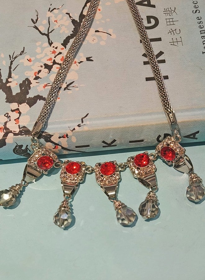 LA BELLEZA Rhodium Plated Big Red Crystal Rhinestone Studded Necklace Neckpiece Choker with Hanging Crystals for Girls and Women - Image 3