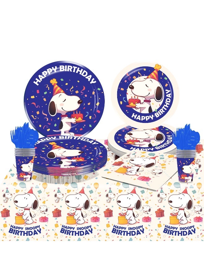 81 Piece Snoopy Party Decoration Set -Paper Plates, Paper Cups, Napkins, Tablecloths, Knifves, Forks and Spoons - 10 Servings - Image 1