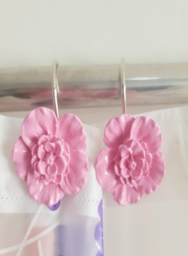 Twofish Home Pink Flower Design Shower Curtain Hooks Pink Flower Shower Curtain Rings Set of 12 - Image 2