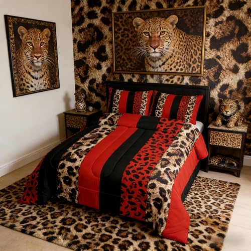Homewish Leopard Print Kids Comforter Set Full SizeCheetah Skin Fashion Bedding SetGirls Boys Adults Room DecorGeometric Stripes Patchwork Down ComforterRed Black Brown Duvet Insert2 Pillowcases - Image 3