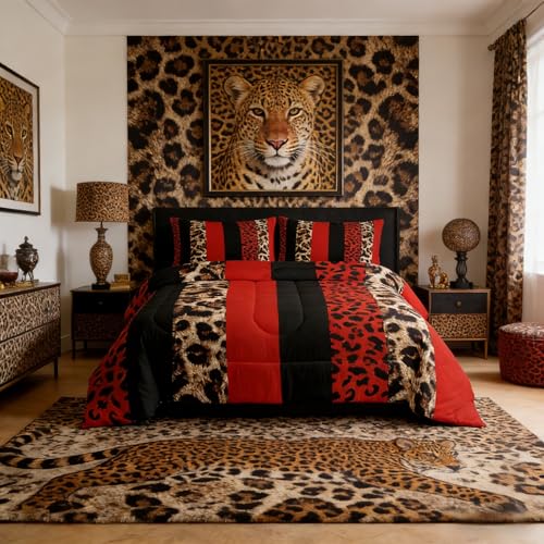 Homewish Leopard Print Kids Comforter Set Full SizeCheetah Skin Fashion Bedding SetGirls Boys Adults Room DecorGeometric Stripes Patchwork Down ComforterRed Black Brown Duvet Insert2 Pillowcases - Image 1