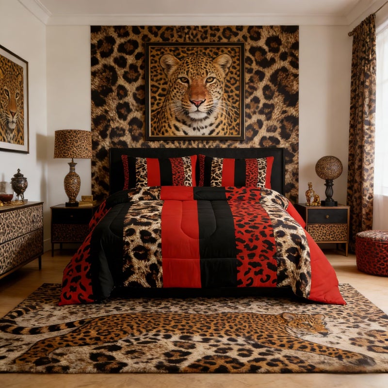 Homewish Leopard Print Kids Comforter Set Full SizeCheetah Skin Fashion Bedding SetGirls Boys Adults Room DecorGeometric Stripes Patchwork Down ComforterRed Black Brown Duvet Insert2 Pillowcases - Image 2