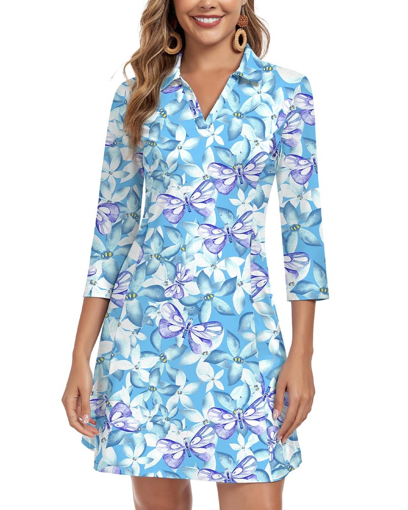 WOWENY 3/4 Sleeve Dress for Women with Pockets V Neck UPF 50+ Casual Sun Dress Breathable Quick Dry Beach Vacation (Floral Butterflies, M) - Image 1