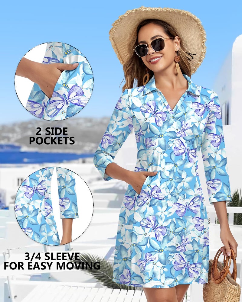 WOWENY 3/4 Sleeve Dress for Women with Pockets V Neck UPF 50+ Casual Sun Dress Breathable Quick Dry Beach Vacation (Floral Butterflies, M) - Image 4