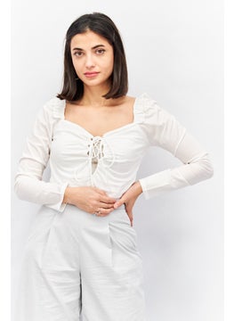 Women Scoop Neck Long Sleeve Solid Crop Top, White