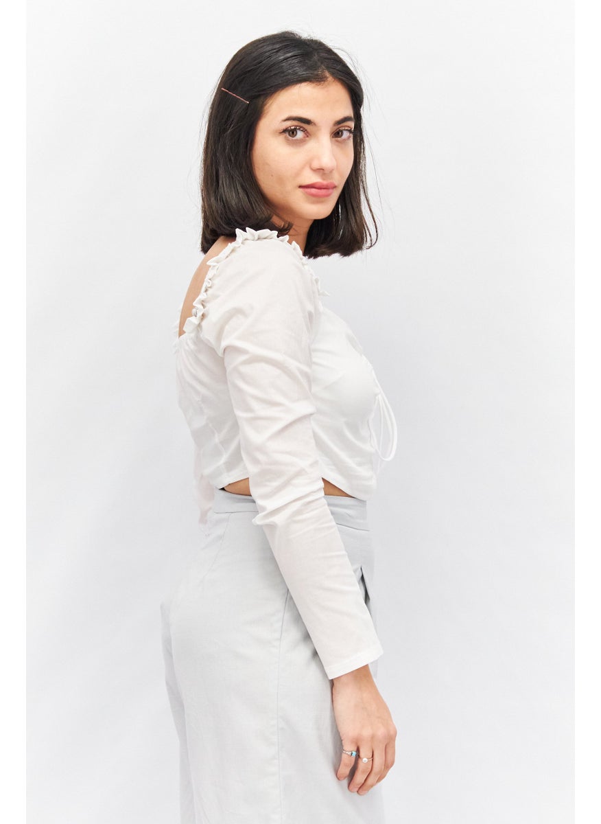 I SAW IT FIRST - Women Scoop Neck Long Sleeve Solid Crop Top, White - Image 1