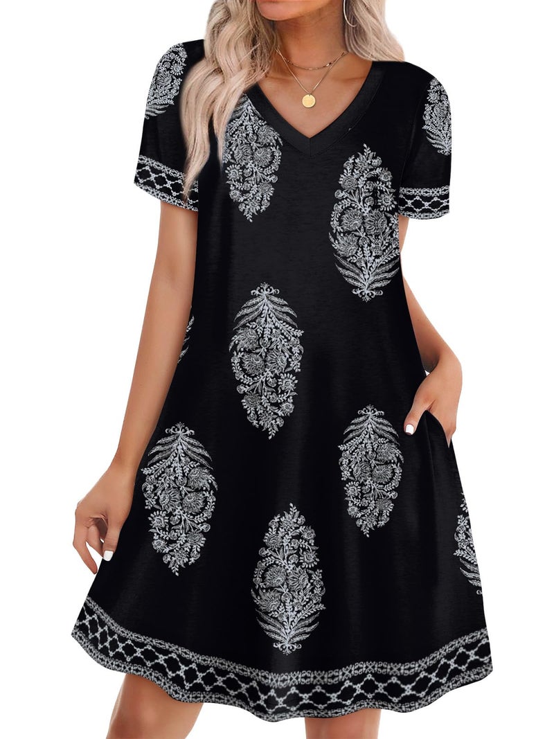 WIHOLL Dresses for Women 2026 Plus Size Casual Summer Bohemian Cute V Neck Short Sleeve Shirt Sun Dresses Resort Wear Daily Work Beach Vacation Cruise Date Night Outfits Flowy Cover Up Black Pine Print 2XL - Image 1