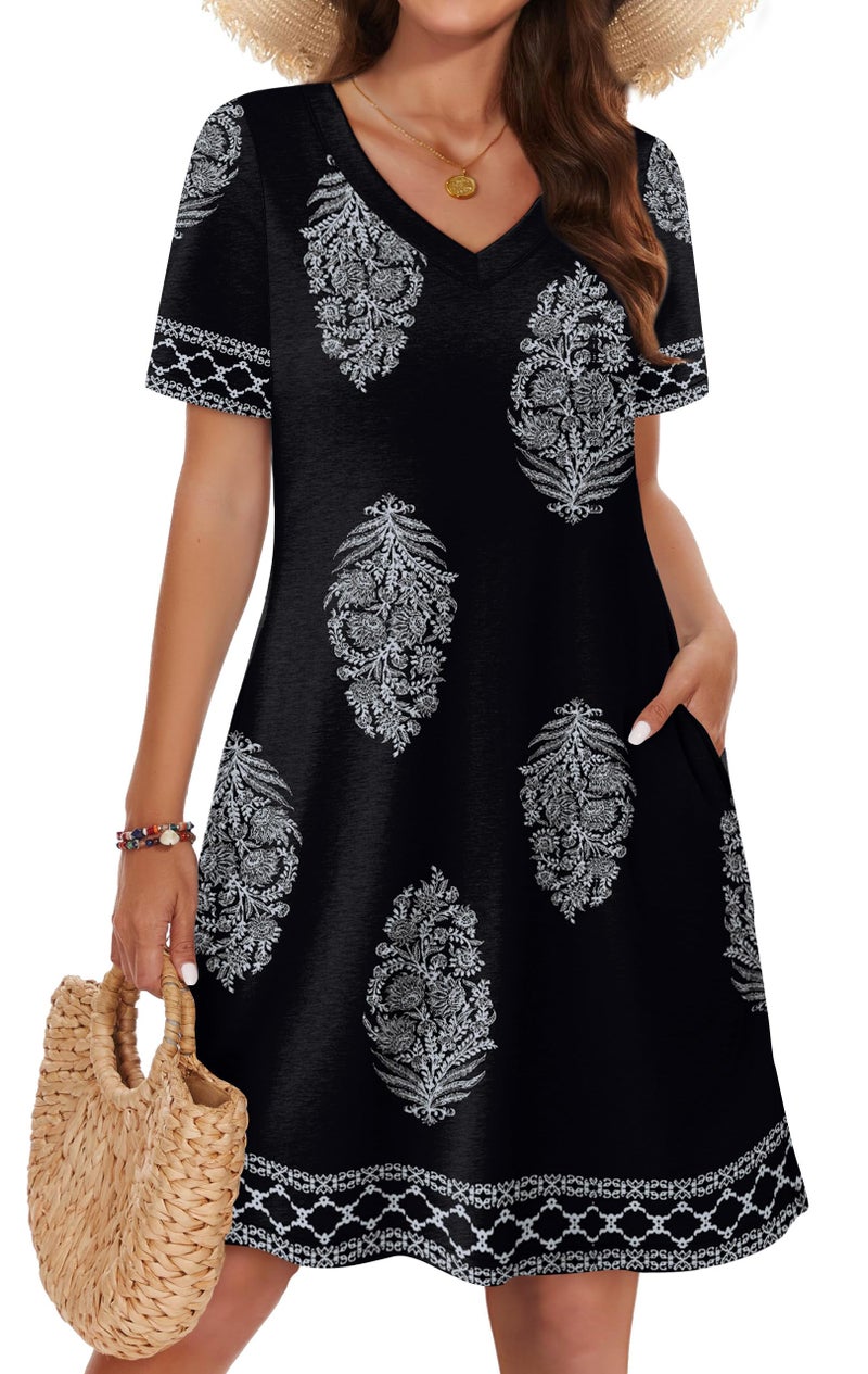 WIHOLL Dresses for Women 2026 Plus Size Casual Summer Bohemian Cute V Neck Short Sleeve Shirt Sun Dresses Resort Wear Daily Work Beach Vacation Cruise Date Night Outfits Flowy Cover Up Black Pine Print 2XL - Image 3