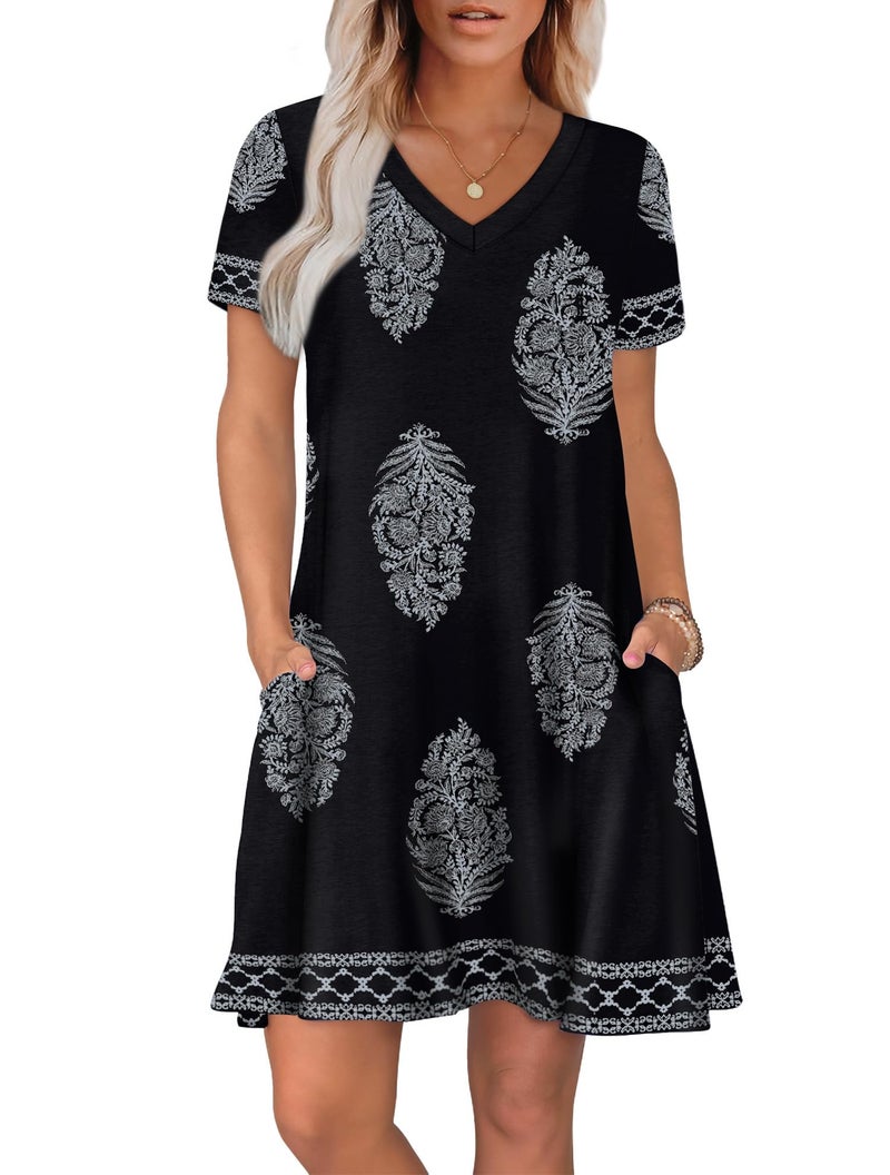 WIHOLL Dresses for Women 2026 Plus Size Casual Summer Bohemian Cute V Neck Short Sleeve Shirt Sun Dresses Resort Wear Daily Work Beach Vacation Cruise Date Night Outfits Flowy Cover Up Black Pine Print 2XL - Image 2