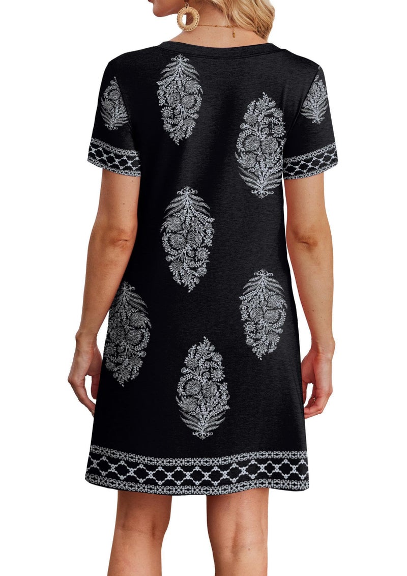 WIHOLL Dresses for Women 2026 Plus Size Casual Summer Bohemian Cute V Neck Short Sleeve Shirt Sun Dresses Resort Wear Daily Work Beach Vacation Cruise Date Night Outfits Flowy Cover Up Black Pine Print 2XL - Image 4
