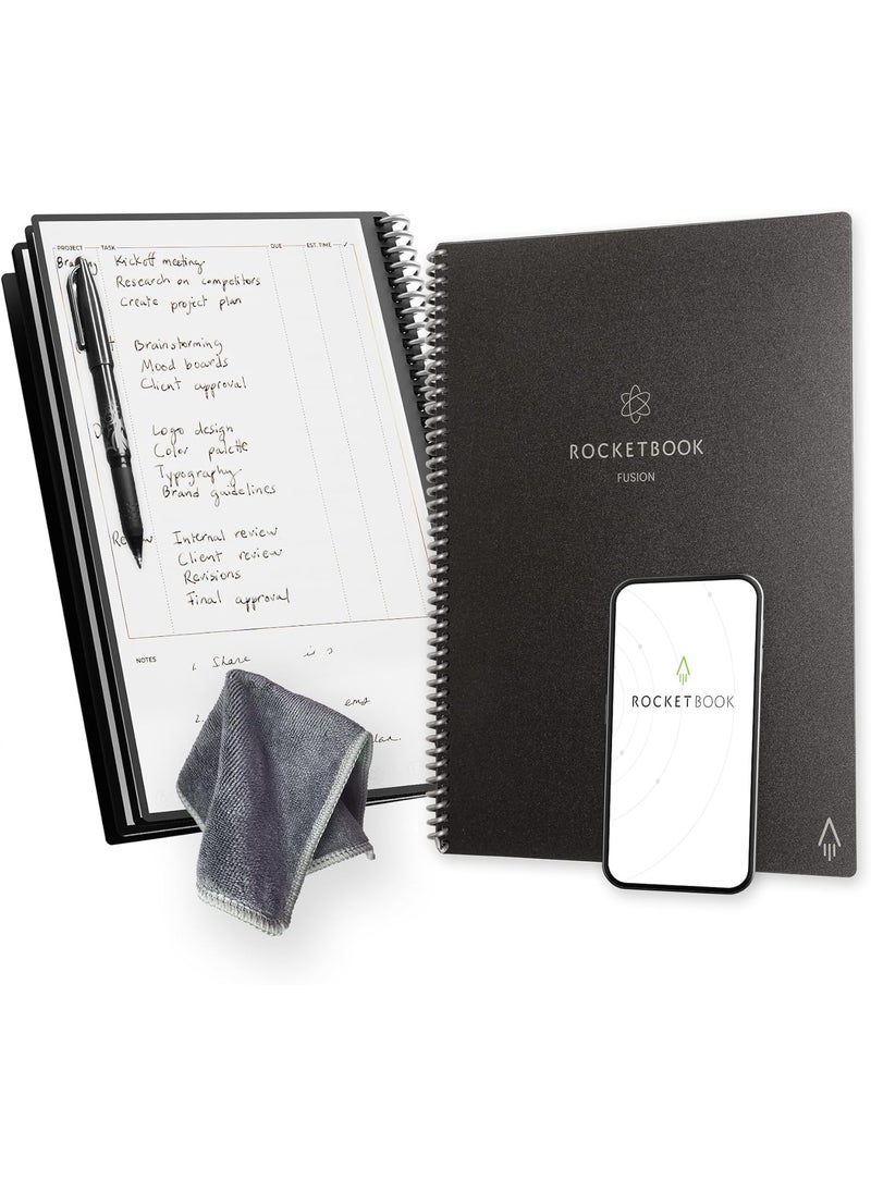 Rocketbook - Rocketbook Planner  Notebook Fusion  Reusable Smart Planner  Notebook  Improve Productivity with Digitally Connected Notebook Planner  Dotted 85 x 11 42 Pg Infinity Black with Pen Cloth and App Pack of 32 - Image 1