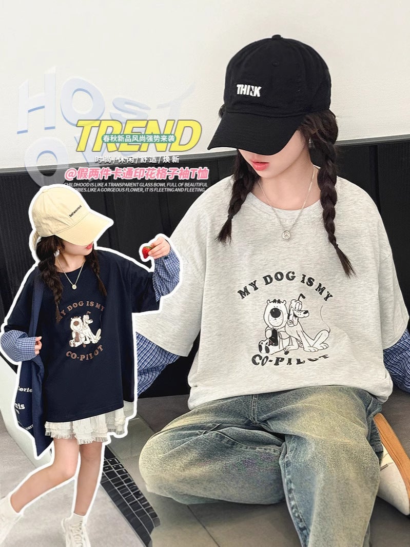 Girls' T-Shirt Long-Sleeved Children'S Casual Loose T-Shirt Big Children'S Spring Fake Two-Piece Base Shirt - Image 5