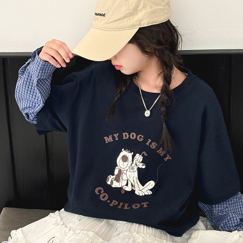 Girls' T-Shirt Long-Sleeved Children'S Casual Loose T-Shirt Big Children'S Spring Fake Two-Piece Base Shirt - Image 1