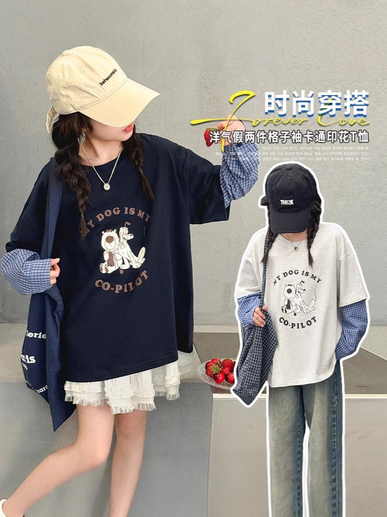 Girls' T-Shirt Long-Sleeved Children'S Casual Loose T-Shirt Big Children'S Spring Fake Two-Piece Base Shirt - Image 2