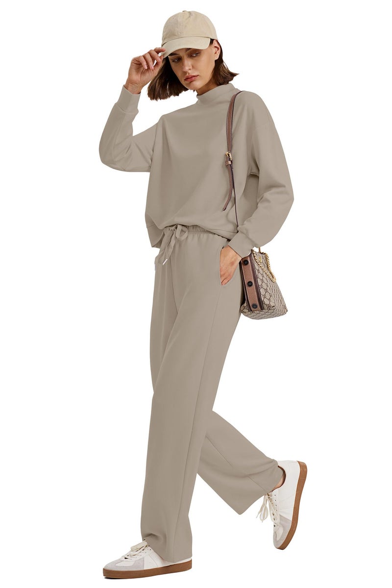 WIHOLL Track Suits for Women Set Long Sleeve Mock Neck Two Piece Outfits Fall Winter Fashion 2025 Work Out Sets Spring Break Fall Winter Resort Wear Cruise Light Coffee M - Image 3