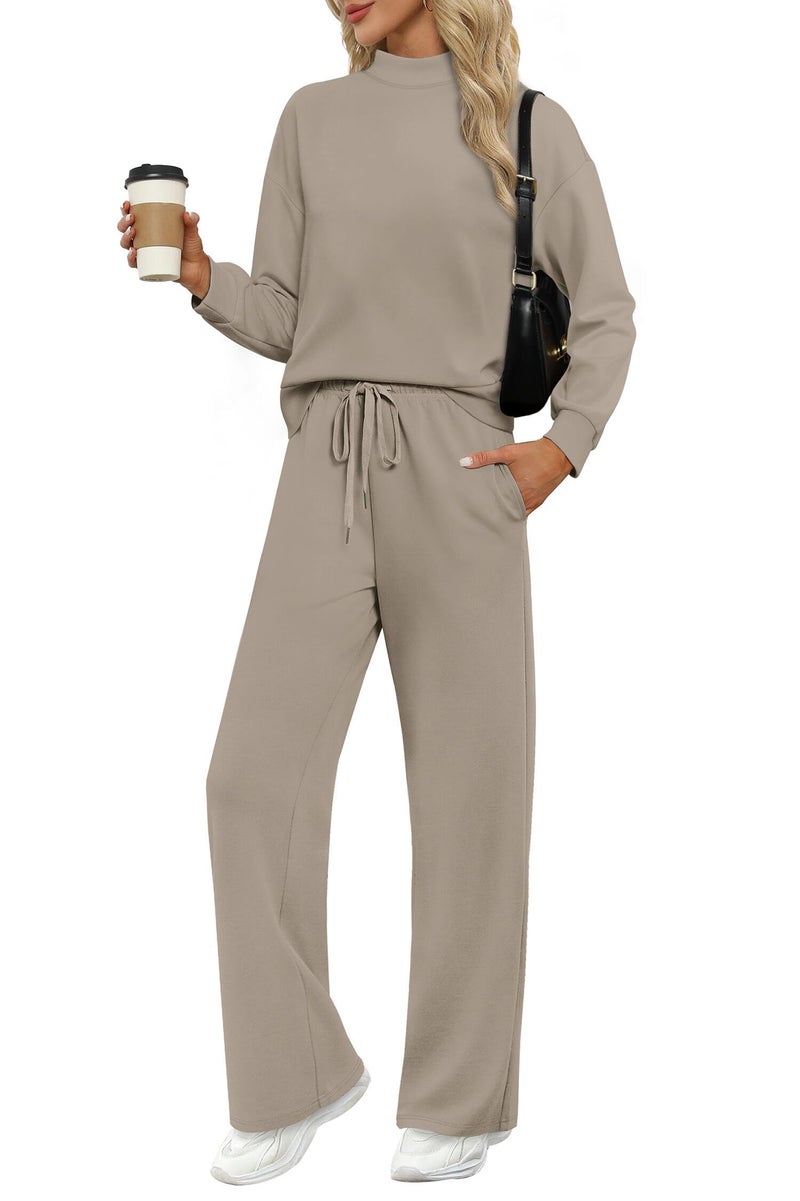 WIHOLL Track Suits for Women Set Long Sleeve Mock Neck Two Piece Outfits Fall Winter Fashion 2025 Work Out Sets Spring Break Fall Winter Resort Wear Cruise Light Coffee M - Image 1