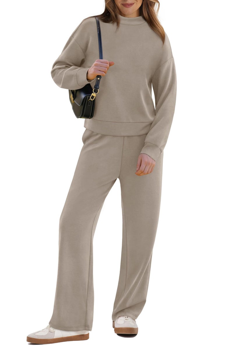 WIHOLL Track Suits for Women Set Long Sleeve Mock Neck Two Piece Outfits Fall Winter Fashion 2025 Work Out Sets Spring Break Fall Winter Resort Wear Cruise Light Coffee M - Image 2