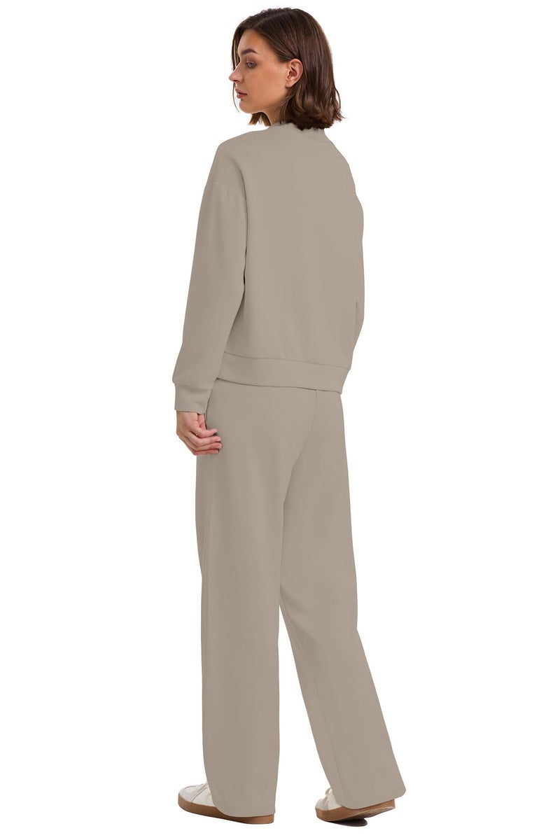 WIHOLL Track Suits for Women Set Long Sleeve Mock Neck Two Piece Outfits Fall Winter Fashion 2025 Work Out Sets Spring Break Fall Winter Resort Wear Cruise Light Coffee M - Image 4