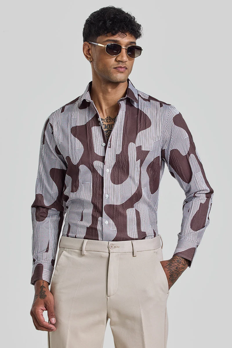 SNITCH Brown Abstract Long Sleeve Slim Fit Casual Shirt
