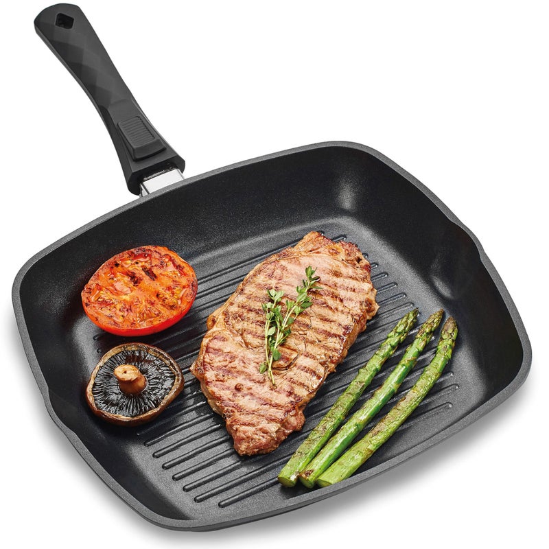 Andrew James Griddle Pan for All Hobs Steak Skillet for Induction Gas BBQs Fire Pits  Camping Stoves OvenProof NonStick Aluminium Frying Grill with Removable Handle Chargrilled Meat Fish  Veg