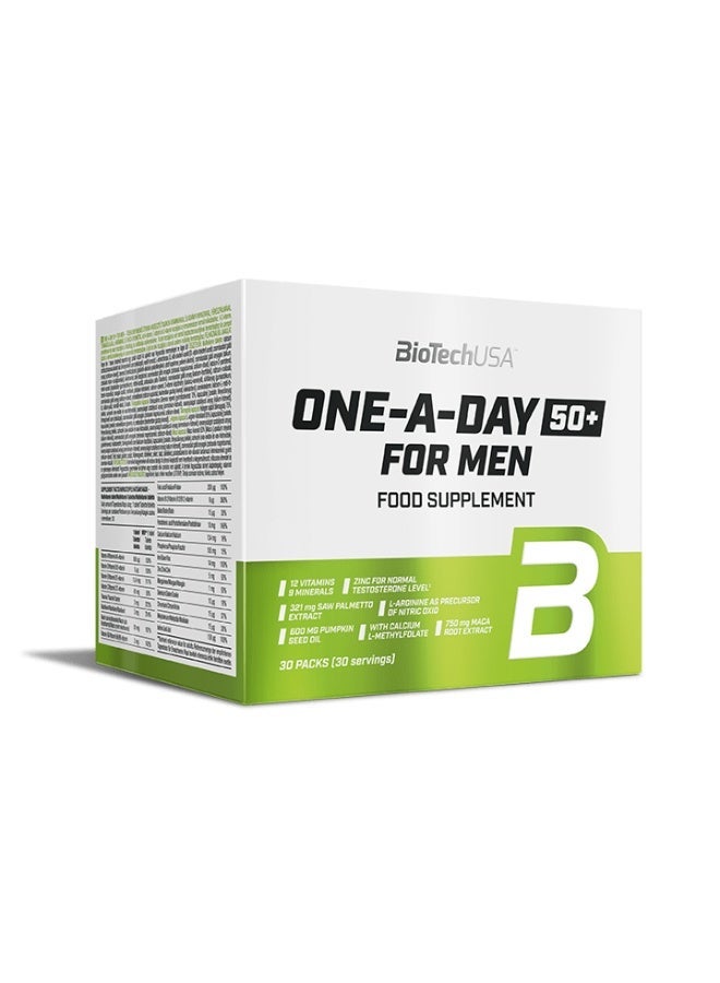BioTechUSA One-A-Day 50+ For Men Multivitamin and Mineral Supplement 30 Daily Packs with Pumpkin Seed Oil, L-Arginine, Maca and Saw Palmetto, Lactose-Free Formula - Image 1