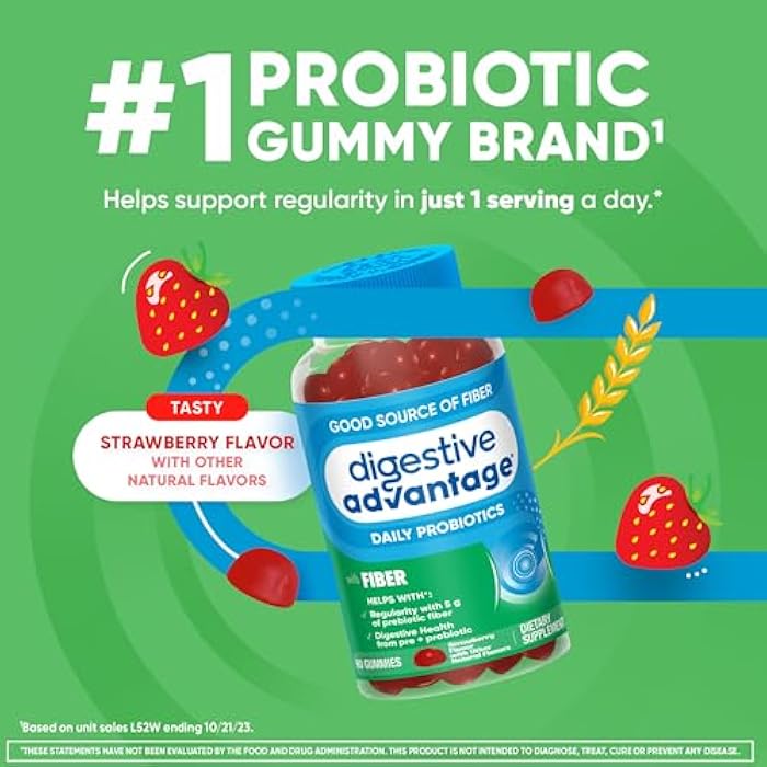 Digestive Advantage Prebiotic Fiber Supplement with Probiotics for Women & Men Digestive Health, Fiber Gummies for Adults Regularity and Gut Health, 60ct Strawberry Flavor - Image 3