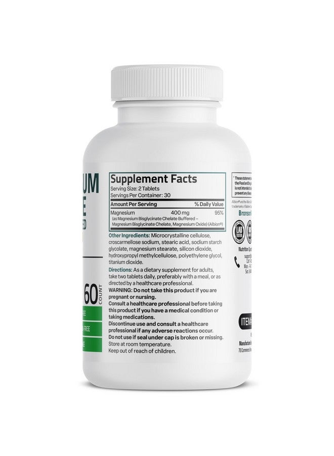 Bronson برونسون مغنيسيوم جليسينات 400 ملغ قوة إضافية، نباتي، مخلب لامتصاص لطيف على المعدة، غير معدّل وراثياً، 60 قرص - Image 2