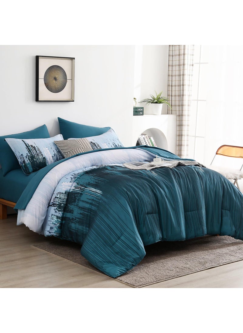 WONGS BEDDING WONGS BEDDING Comforter Set Queen Teal Blue 7 Pieces Bed in a Bag Colorful Abstract Art Gradient Comforter Soft Microfiber Bedding Set with Comforter Flat Sheet Fitted Sheet Pillow Shams Pillowcases  - Image 2
