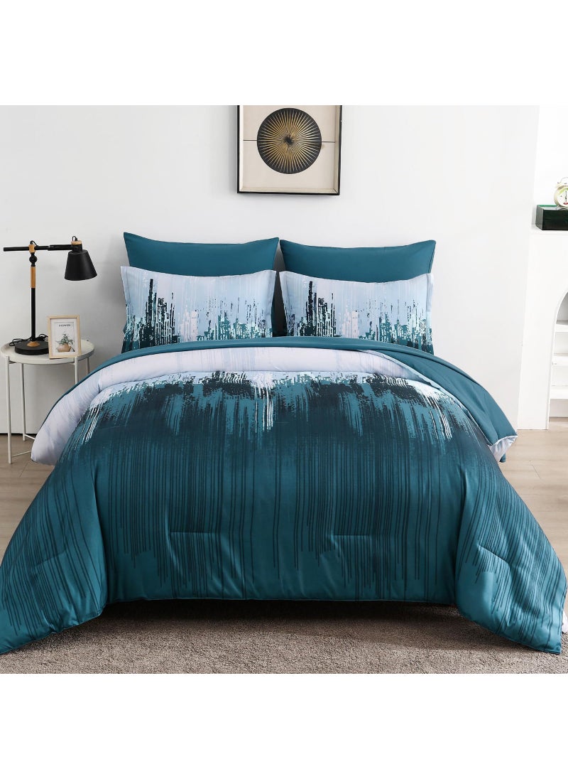 WONGS BEDDING WONGS BEDDING Comforter Set Queen Teal Blue 7 Pieces Bed in a Bag Colorful Abstract Art Gradient Comforter Soft Microfiber Bedding Set with Comforter Flat Sheet Fitted Sheet Pillow Shams Pillowcases  - Image 1