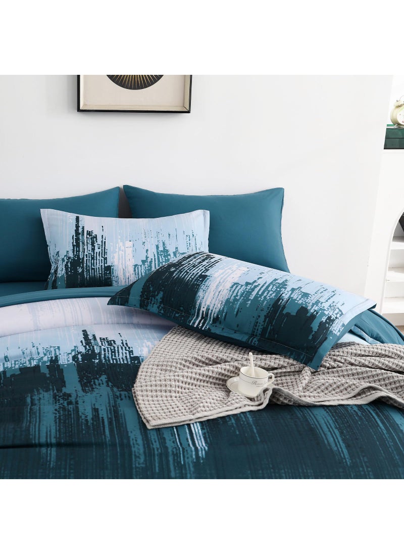 WONGS BEDDING WONGS BEDDING Comforter Set Queen Teal Blue 7 Pieces Bed in a Bag Colorful Abstract Art Gradient Comforter Soft Microfiber Bedding Set with Comforter Flat Sheet Fitted Sheet Pillow Shams Pillowcases  - Image 4