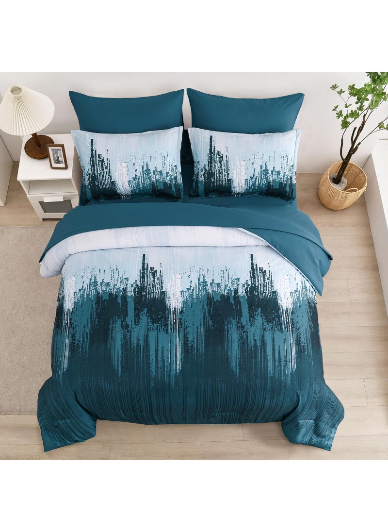 WONGS BEDDING WONGS BEDDING Comforter Set Queen Teal Blue 7 Pieces Bed in a Bag Colorful Abstract Art Gradient Comforter Soft Microfiber Bedding Set with Comforter Flat Sheet Fitted Sheet Pillow Shams Pillowcases  - Image 3