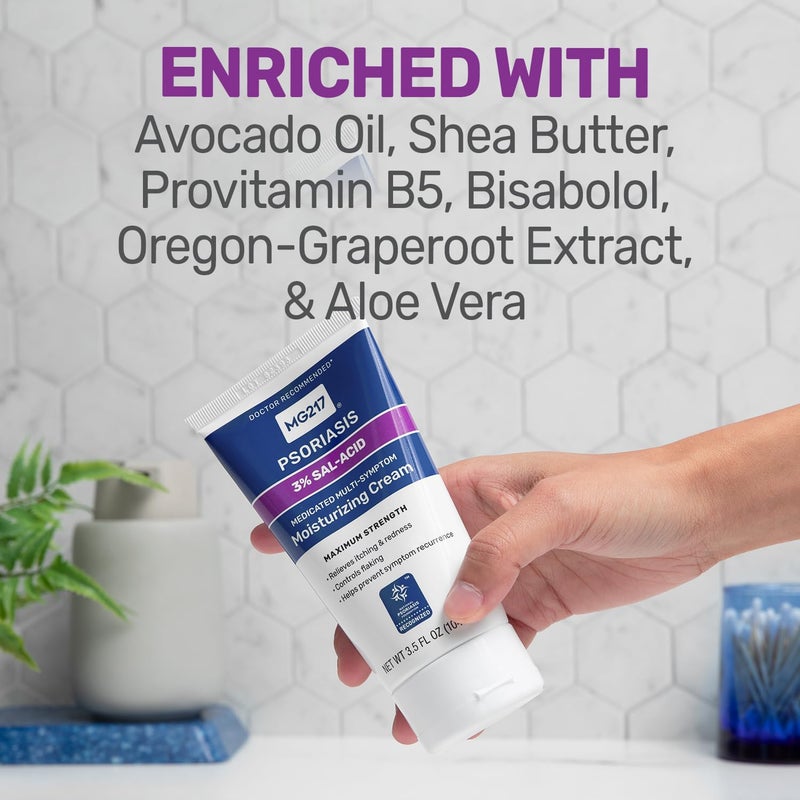 MG217 كريم مرطب طبي لمعالجة الصدفية MG217 مع 3% حمض الساليسيليك، خالي من العطور، مثالي للاحمرار، والحكة، والتقشر، خالي من التجارب على الحيوانات، 3.5 أونصة سائلة - Image 3